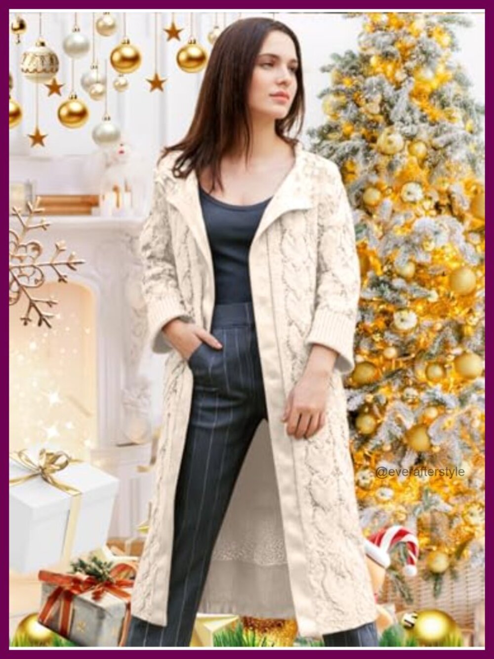 Oversized Cable Knit Cardigan with Hooded Neck Open Front Long Length - Picture 2 of 6